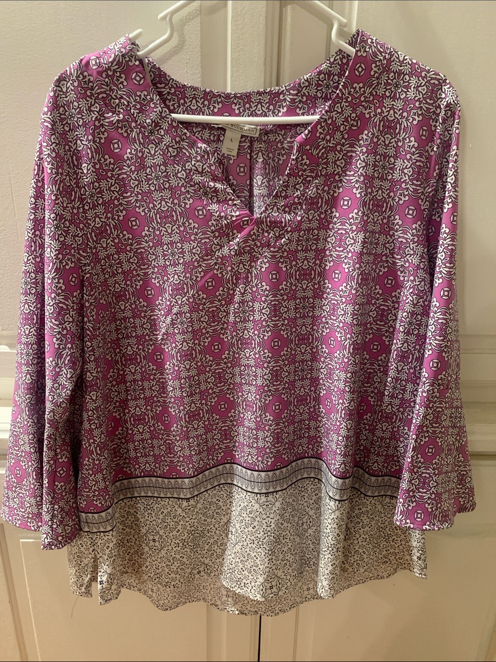 Dana Buchman Purple Printed Split-Neck Tunic with Border Hem